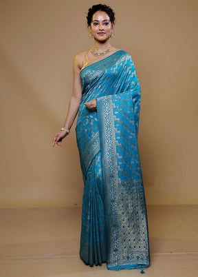 Blue Dupion Silk Saree With Blouse Piece