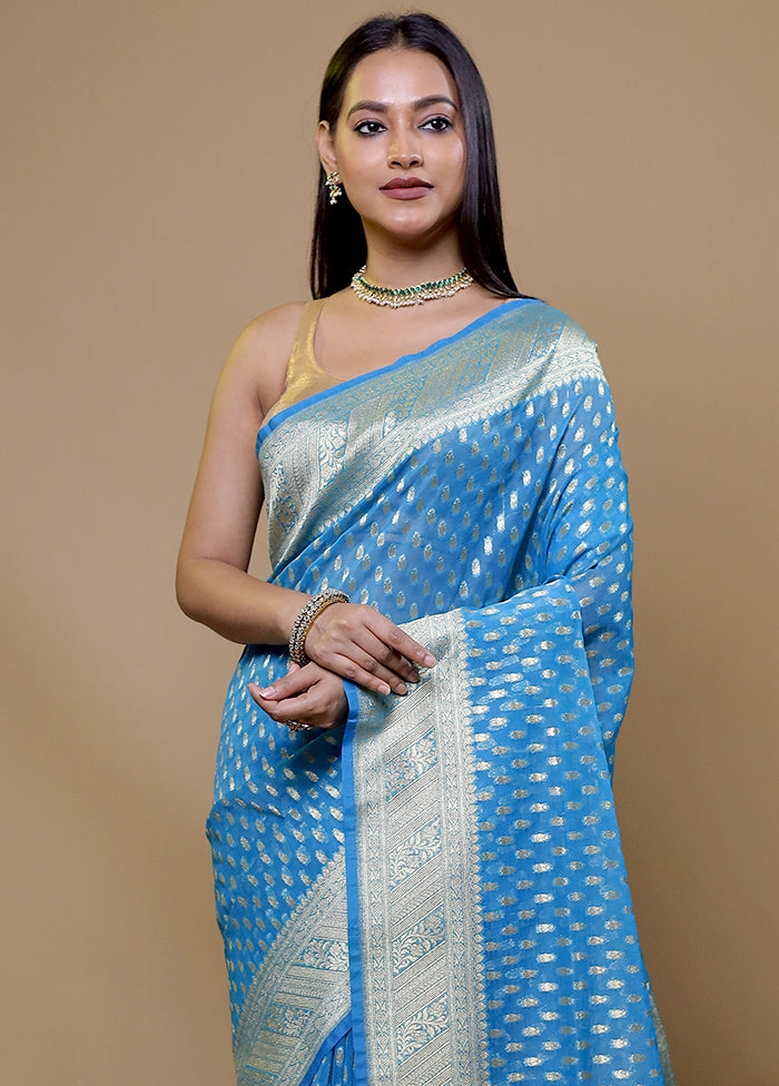 Blue Organza Saree With Blouse Piece