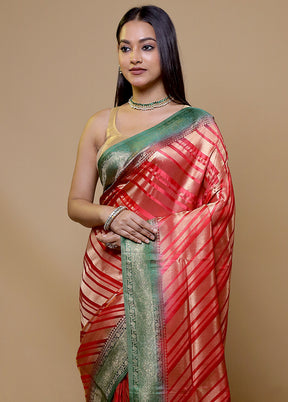 Red Dupion Silk Saree With Blouse Piece