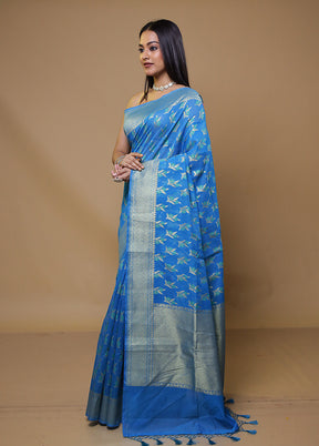 Blue Kora Silk Saree With Blouse Piece