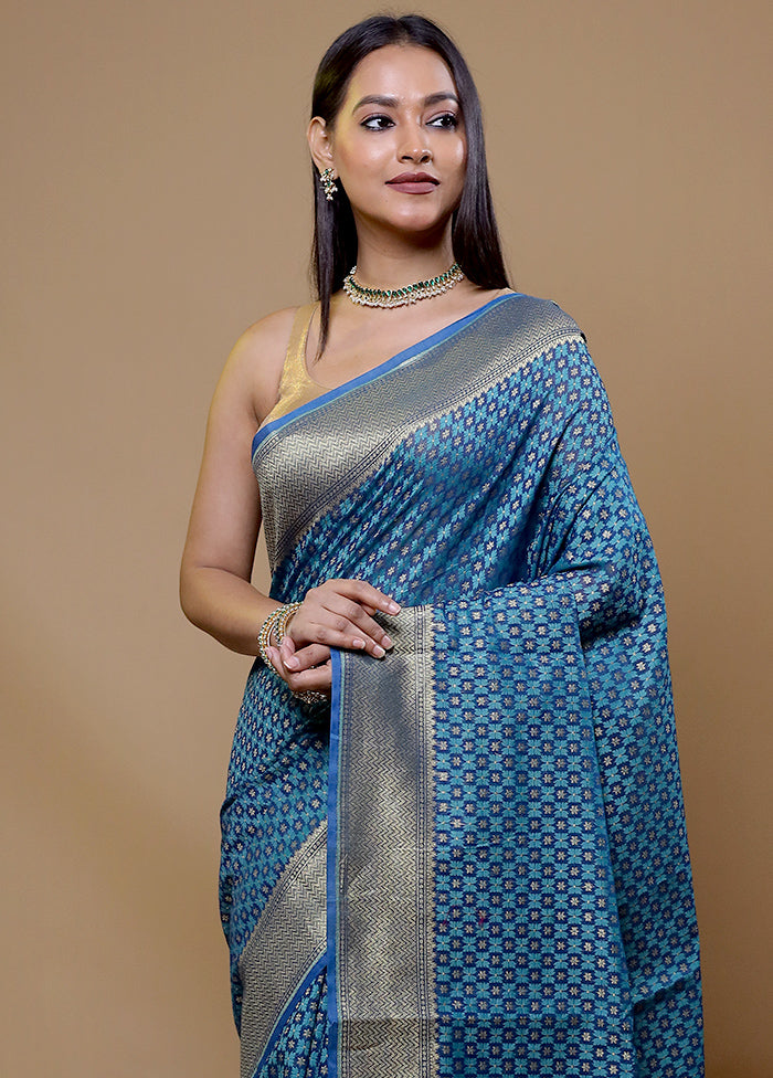 Blue Kora Silk Saree With Blouse Piece