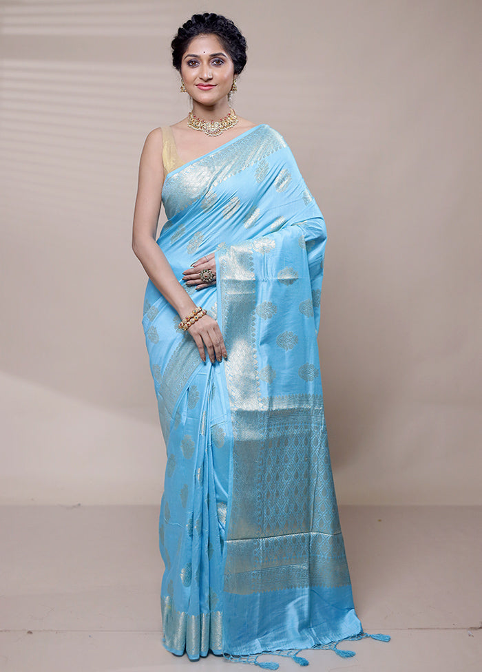 Blue Cotton Saree With Blouse Piece