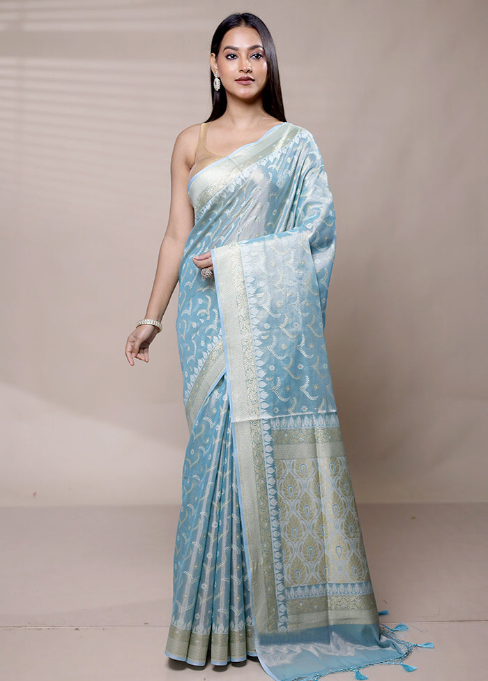 Blue Tissue Silk Saree With Blouse Piece