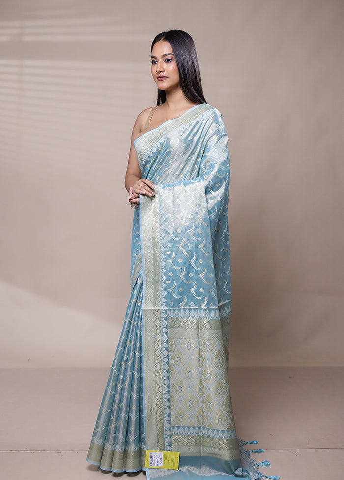 Blue Tissue Silk Saree With Blouse Piece