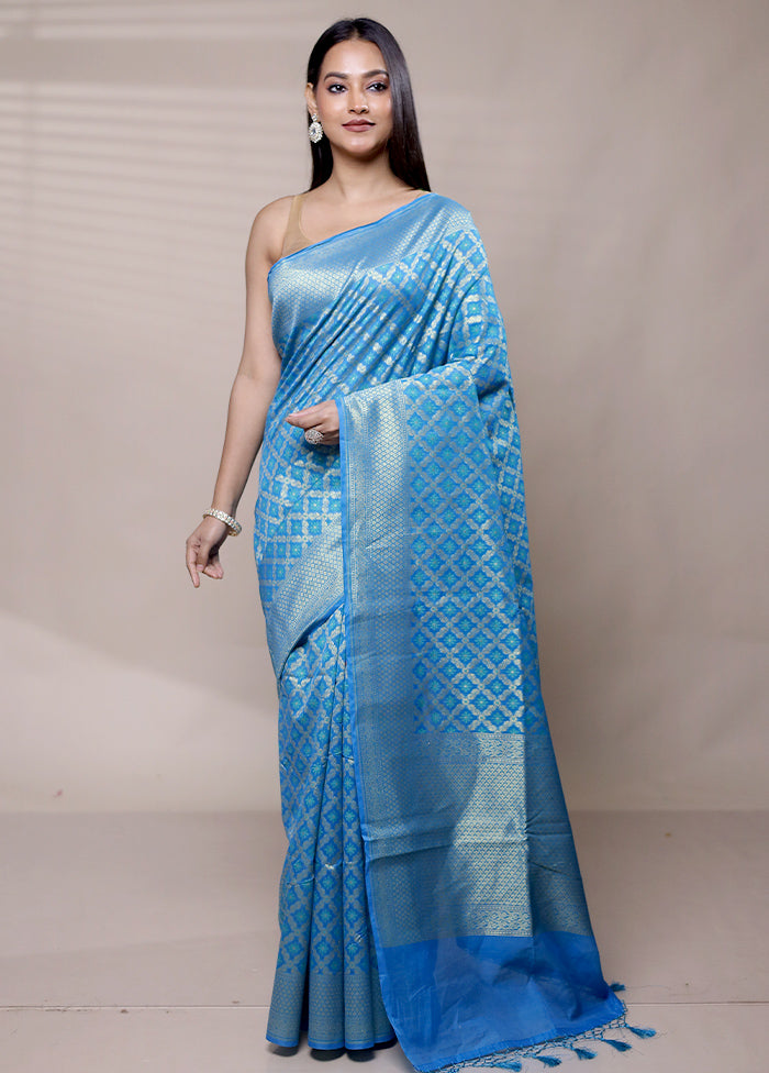 Blue Kora Silk Saree With Blouse Piece