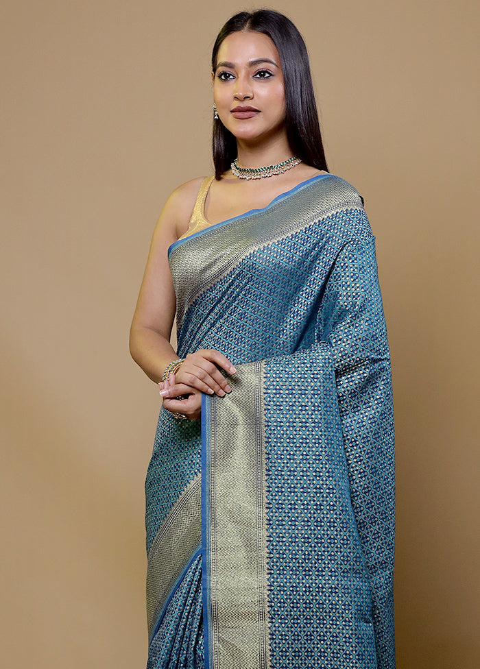 Blue Kora Silk Saree With Blouse Piece