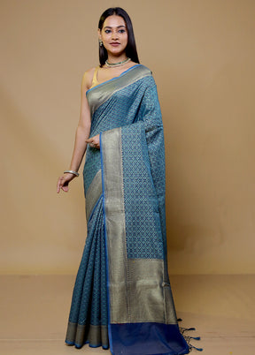 Blue Kora Silk Saree With Blouse Piece