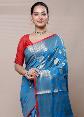 Blue Dupion Silk Saree With Blouse Piece