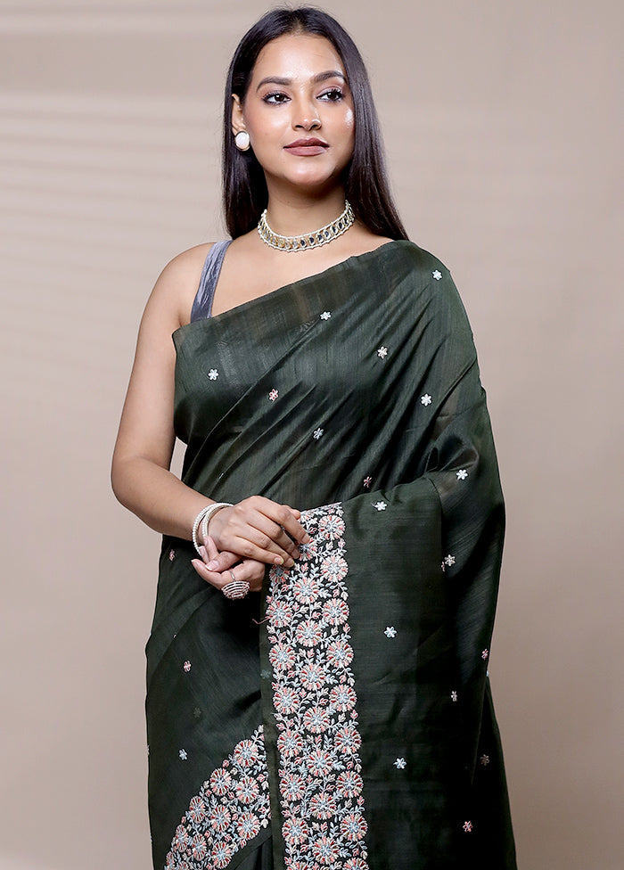 Green Tussar Silk Saree With Blouse Piece