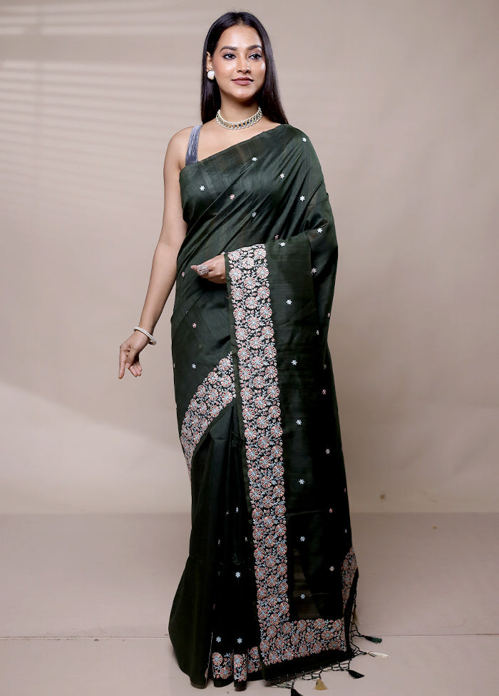 Green Tussar Silk Saree With Blouse Piece