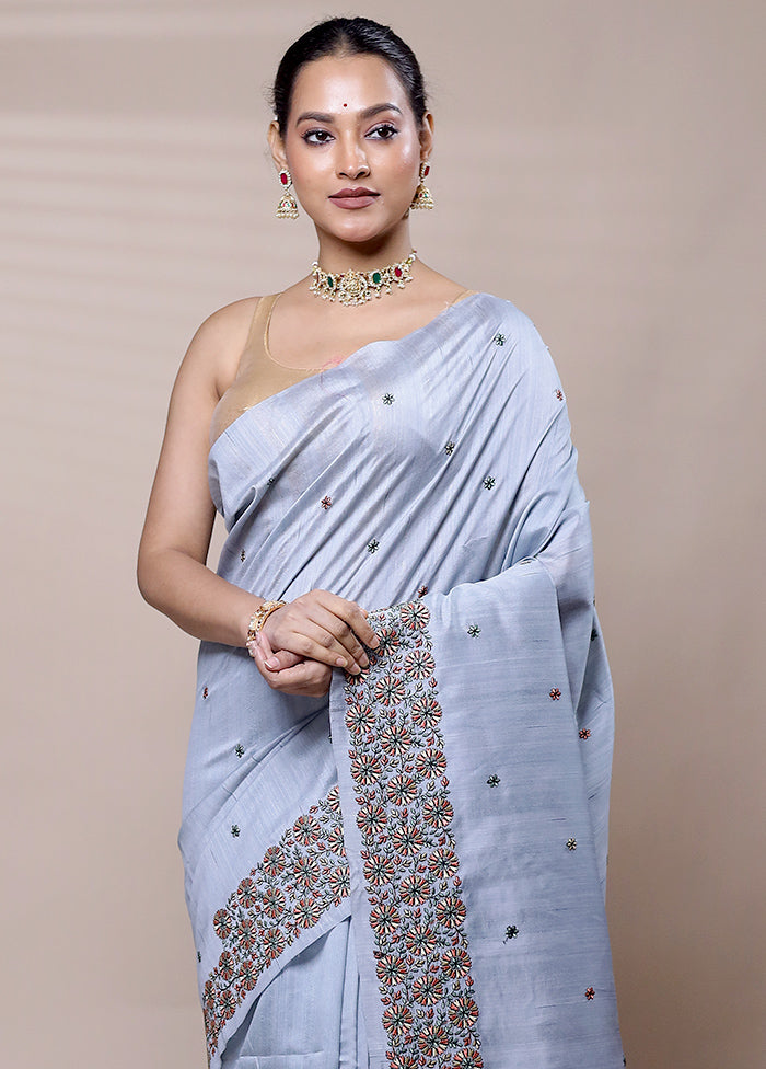 Grey Tussar Silk Saree With Blouse Piece