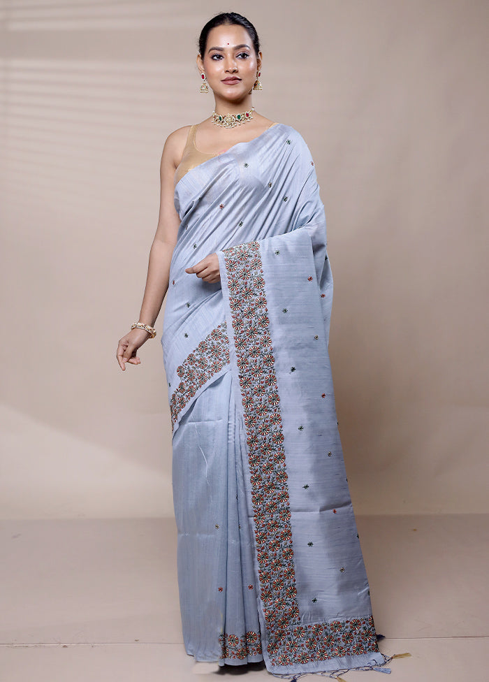 Grey Tussar Silk Saree With Blouse Piece