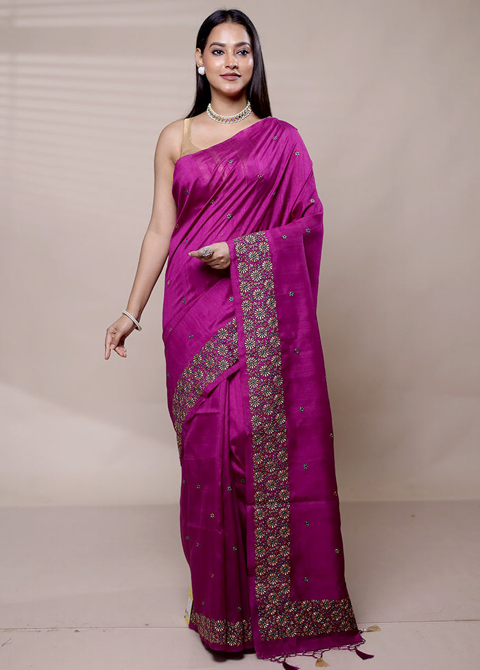 Purple Tussar Silk Saree With Blouse Piece