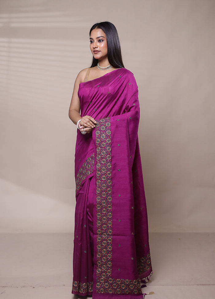 Purple Tussar Silk Saree With Blouse Piece