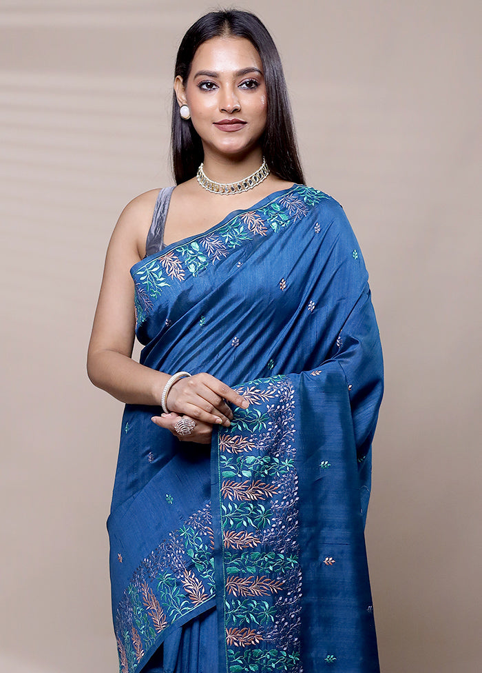 Blue Tussar Silk Saree With Blouse Piece