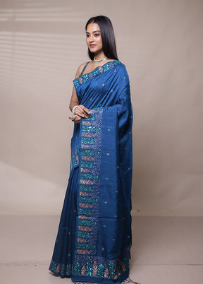 Blue Tussar Silk Saree With Blouse Piece