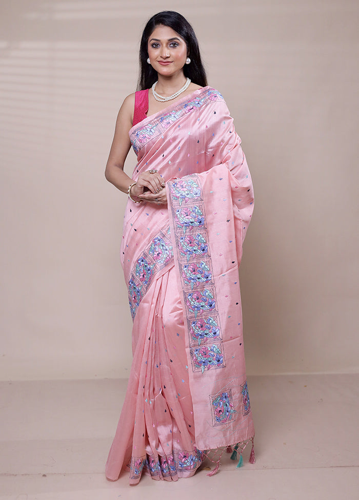 Pink Tussar Silk Saree With Blouse Piece