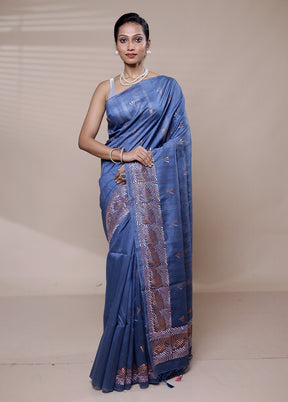 Blue Tussar Silk Saree With Blouse Piece