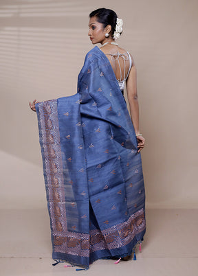 Blue Tussar Silk Saree With Blouse Piece