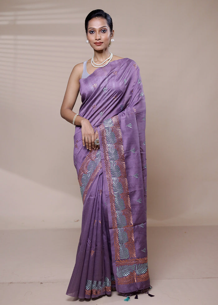 Purple Tussar Silk Saree With Blouse Piece