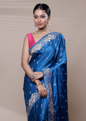 Blue Dupion Silk Saree With Blouse Piece