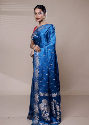 Blue Dupion Silk Saree With Blouse Piece