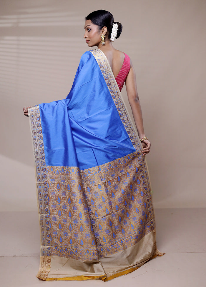 Blue Dupion Silk Saree With Blouse Piece