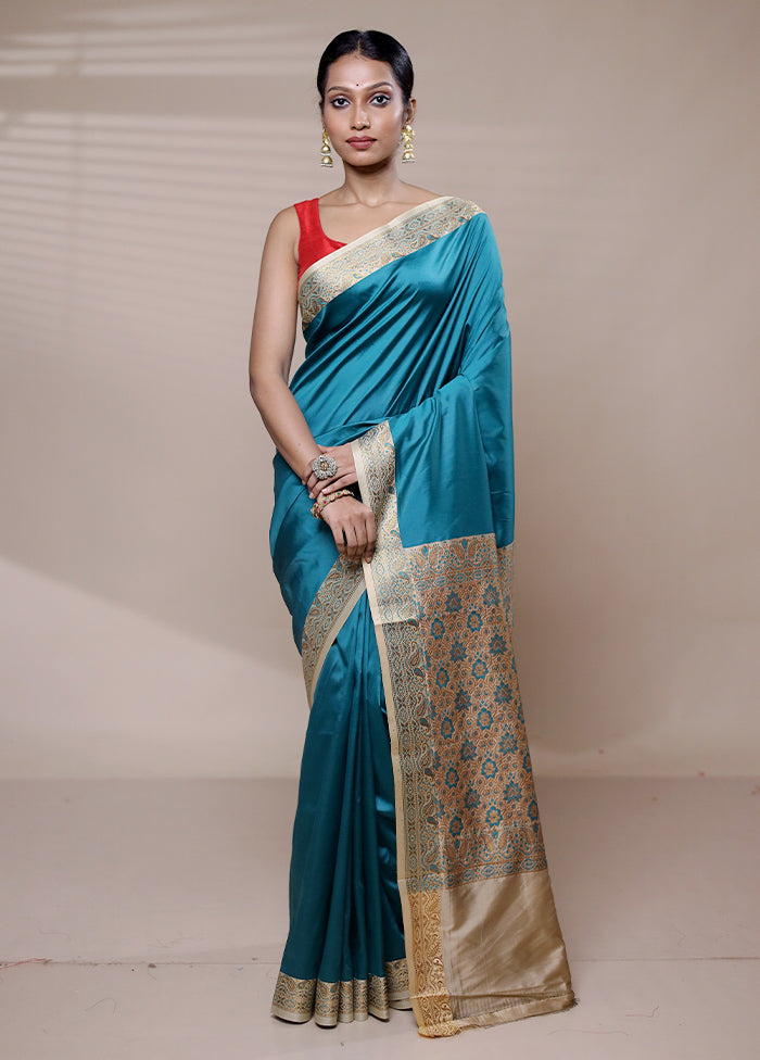 Blue Dupion Silk Saree With Blouse Piece