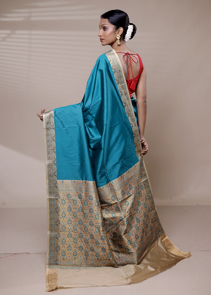 Blue Dupion Silk Saree With Blouse Piece