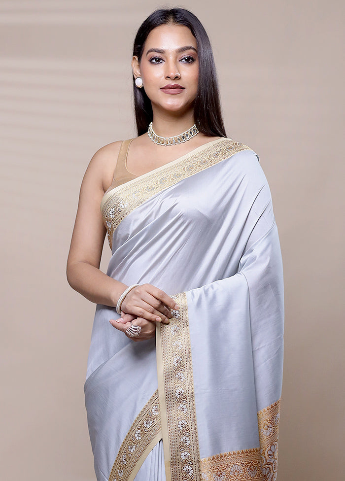 Grey Dupion Silk Saree With Blouse Piece