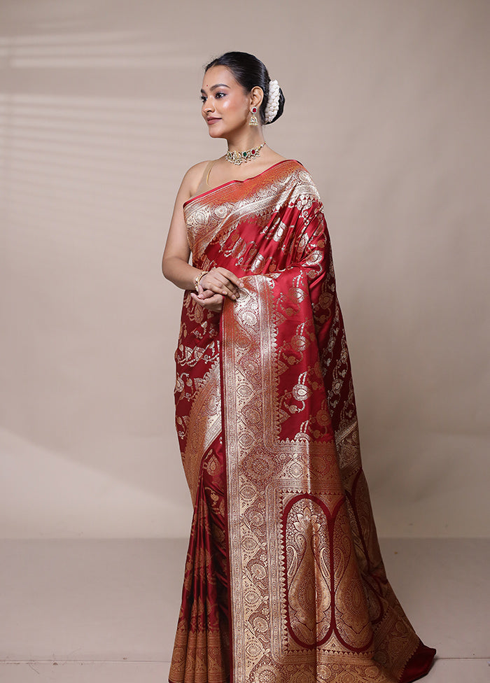 Maroon Banarasi Silk Saree With Blouse Piece