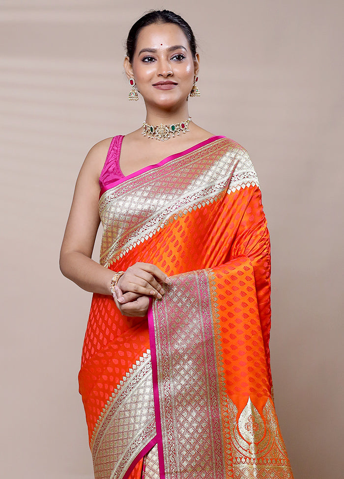 Orange Banarasi Silk Saree With Blouse Piece