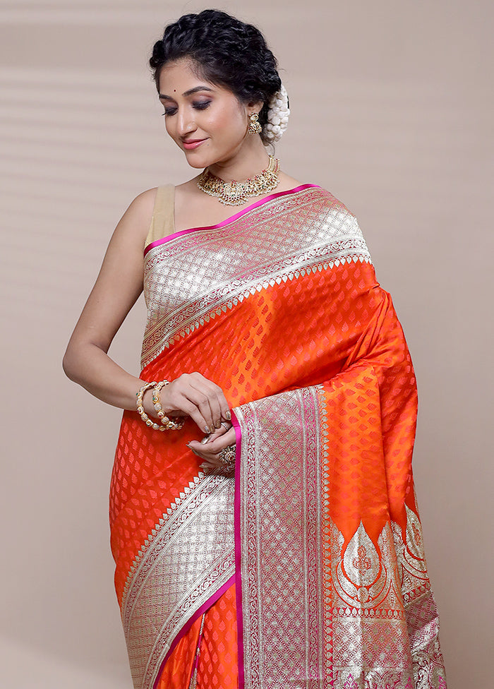 Orange Banarasi Silk Saree With Blouse Piece