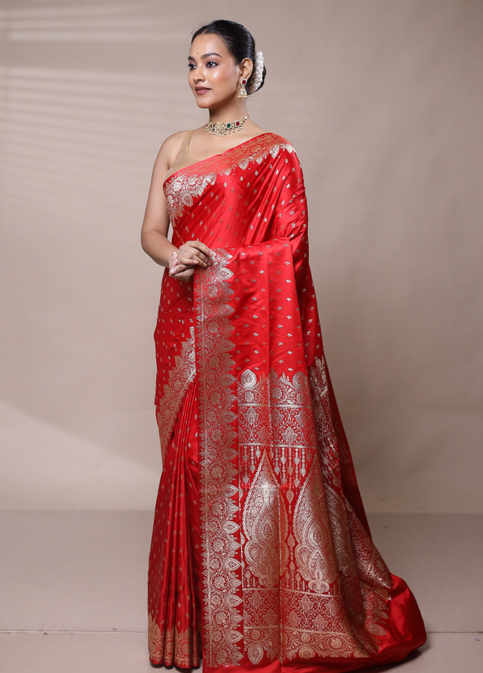 Red Banarasi Silk Saree With Blouse Piece