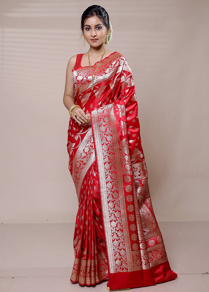 Red Banarasi Silk Saree With Blouse Piece