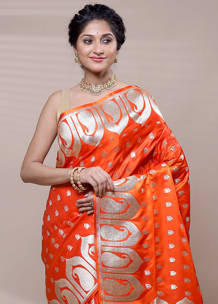 Orange Banarasi Silk Saree With Blouse Piece