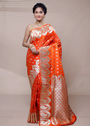 Orange Banarasi Silk Saree With Blouse Piece