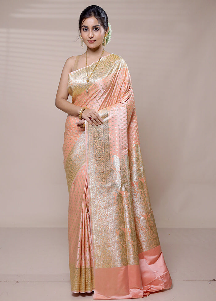 Peach Banarasi Silk Saree With Blouse Piece