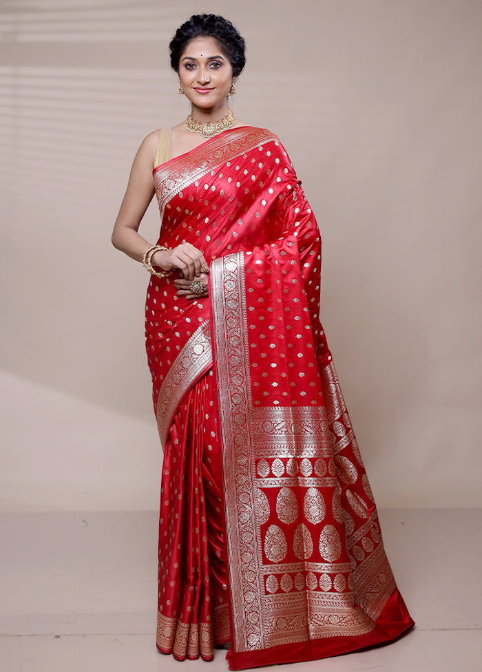 Red Banarasi Silk Saree With Blouse Piece