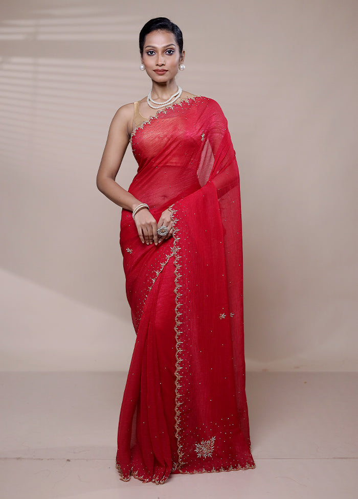 Red Chiffon Silk Saree With Blouse Piece