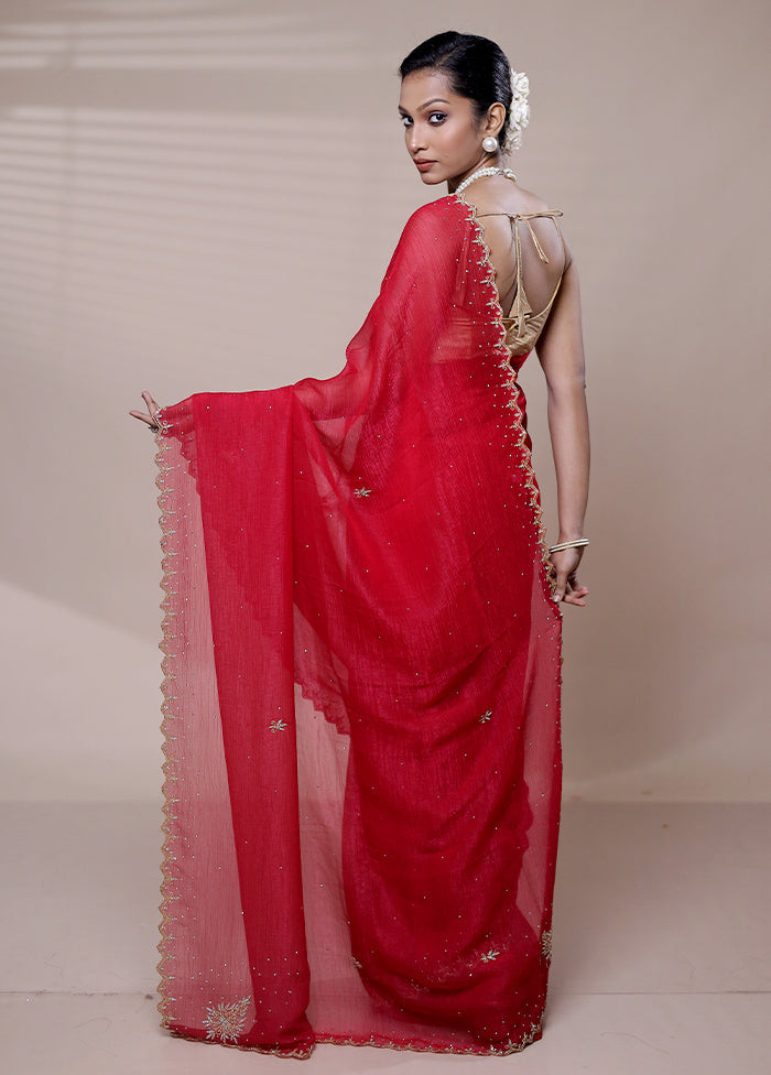 Red Chiffon Silk Saree With Blouse Piece