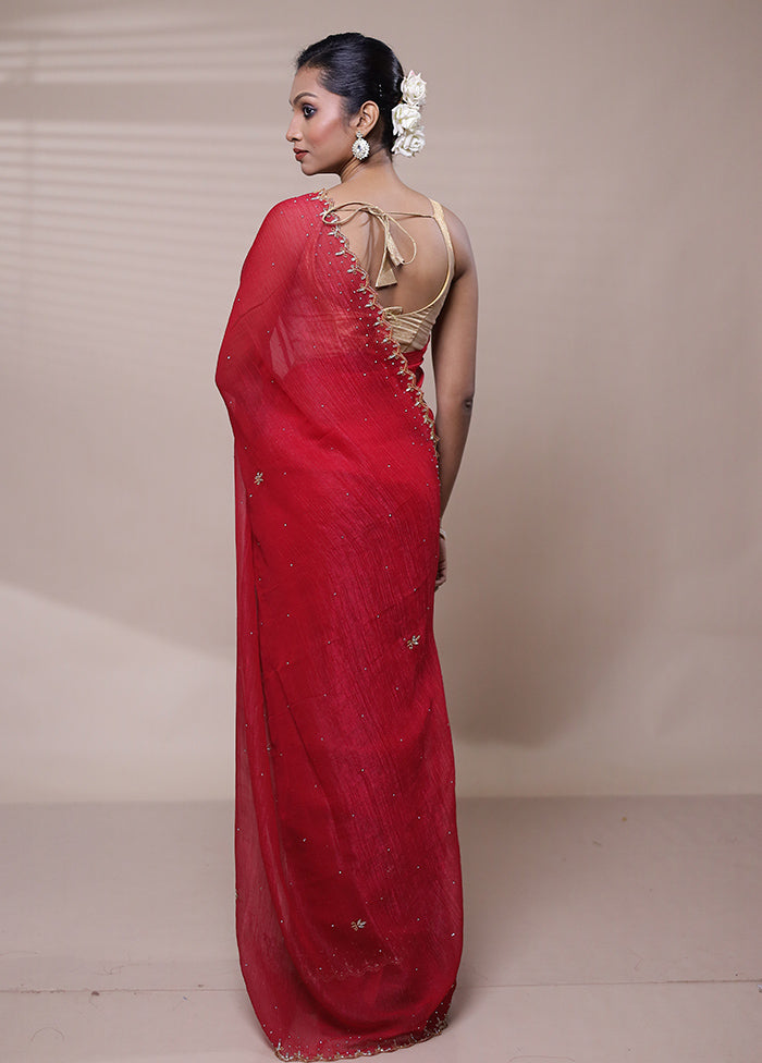 Red Chiffon Silk Saree With Blouse Piece