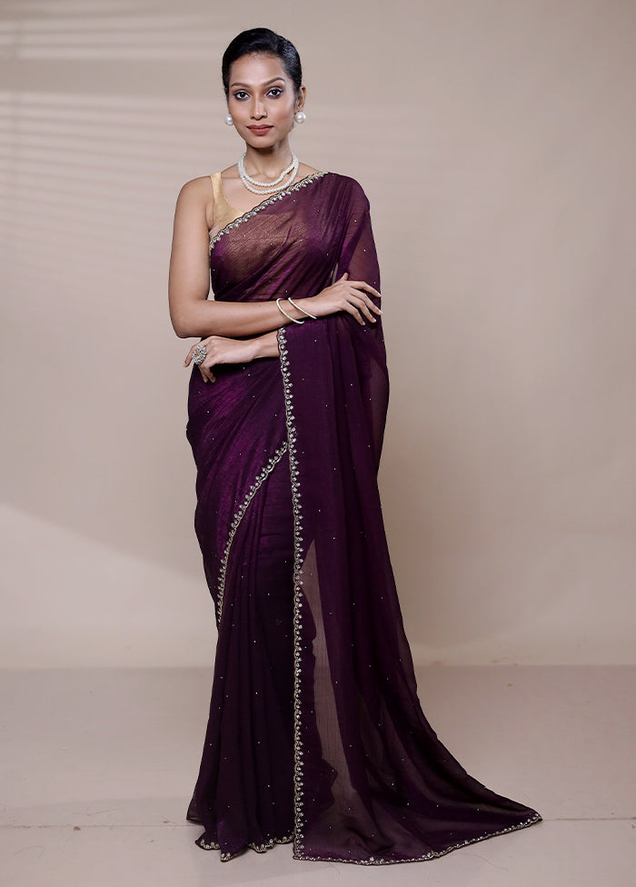 Wine Chiffon Silk Saree With Blouse Piece