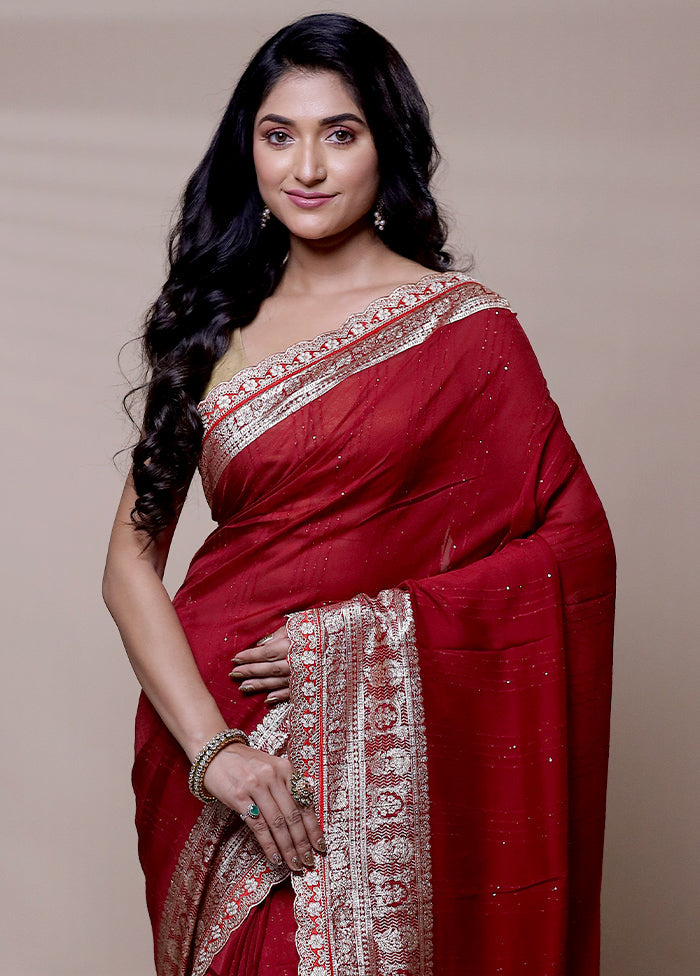 Red Chiffon Silk Saree With Blouse Piece