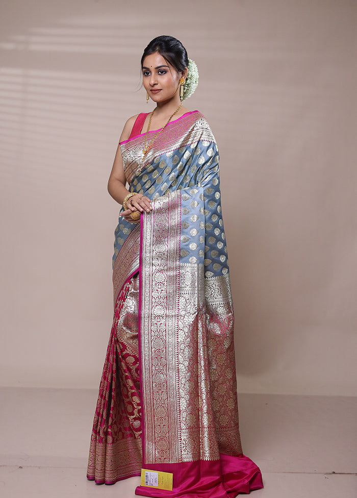 Grey Banarasi Silk Saree With Blouse Piece