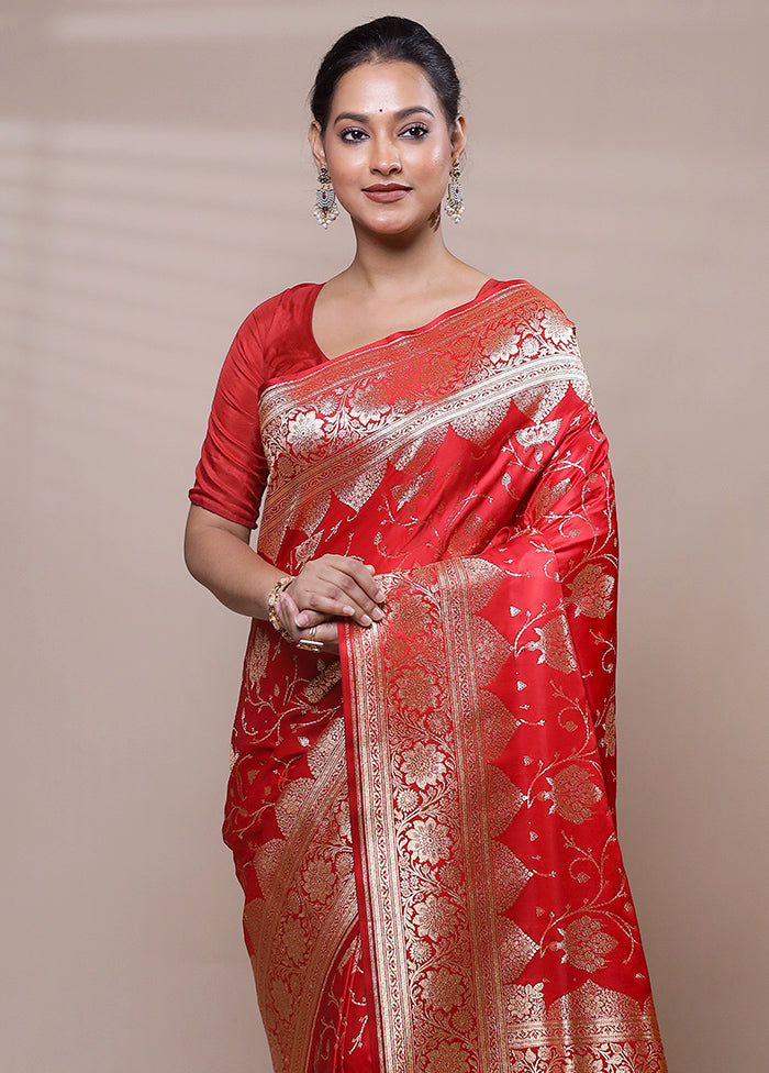 Red Banarasi Silk Saree With Blouse Piece