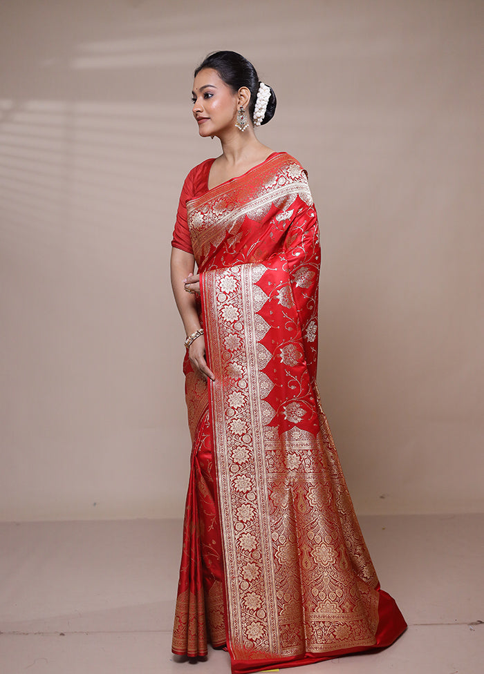 Red Banarasi Silk Saree With Blouse Piece