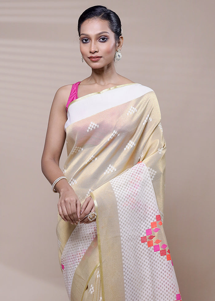 Cream Net Saree With Blouse Piece