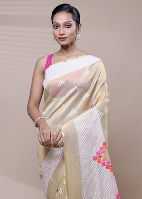 Cream Net Saree With Blouse Piece