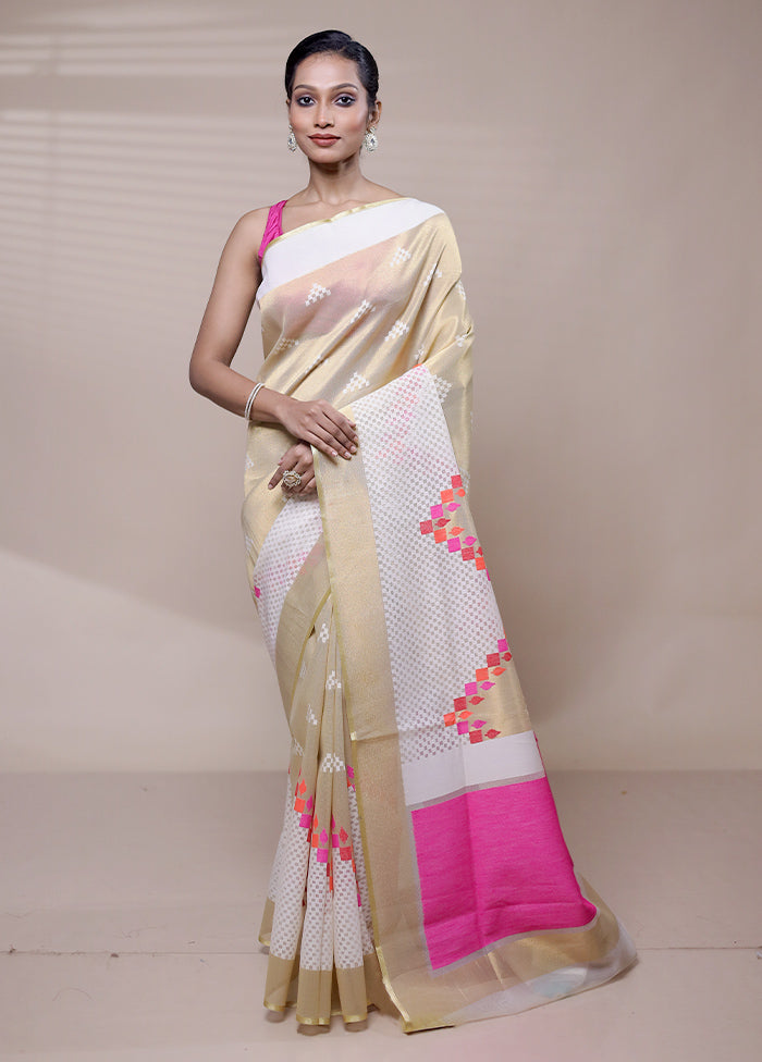 Cream Net Saree With Blouse Piece